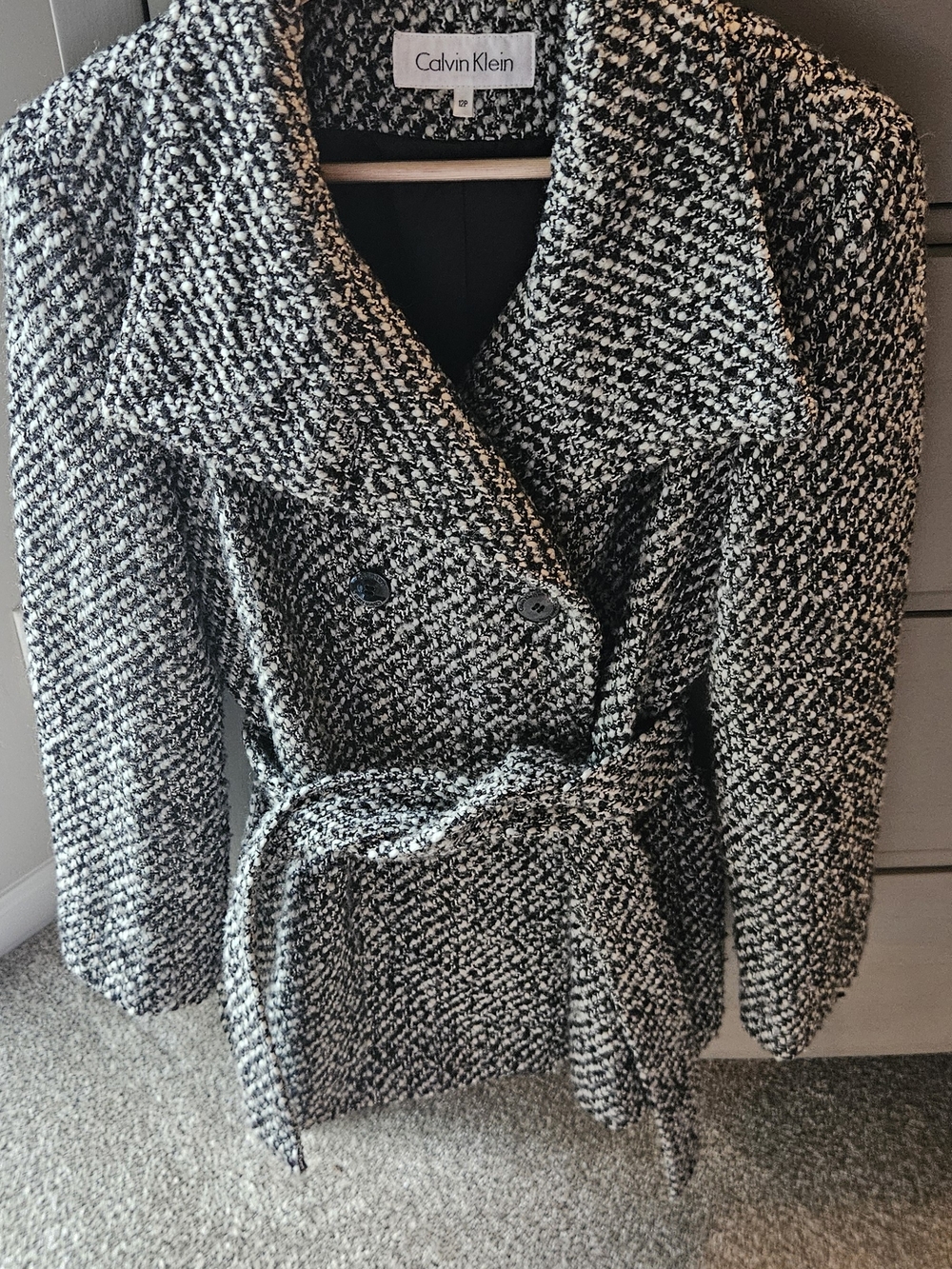 Calvin Klein Black & White Tweed Belted Pea Coat